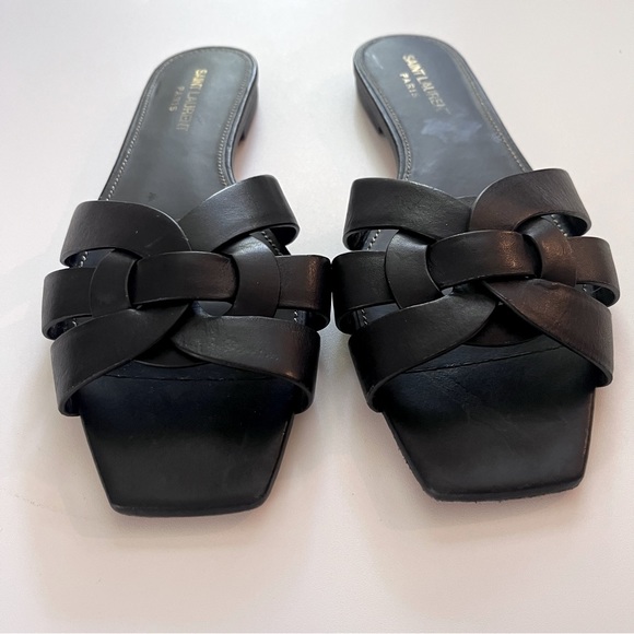 YSL Saint Laurent Tribute Leather Slides Sandals Black size 38.5 - Picture 3 of 10